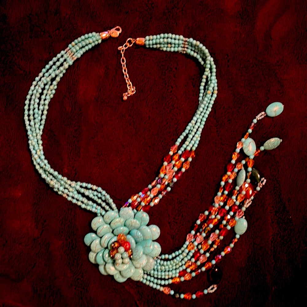 Joan Rivers Starlet Beadeds Turquoise Multishapes SilverTone Necklace 20"+3"